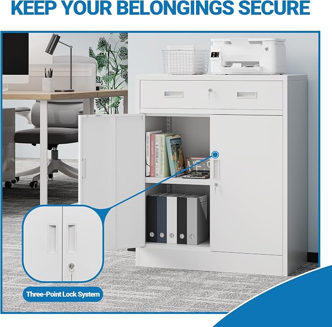 Metal Storage Cabinet, 36" Locking Cabinet with Adjustable Shelves for Garage, Office (White, 1 Drawer)