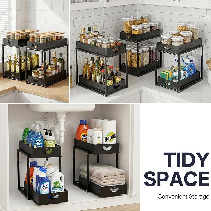 Adjustable Under Sink Organizer, 2 Tier Under Sink Organizers and Storage,Slide Out Metal Cabinet Organizers, Pull Out Cabinet Storage Drawer Shelf for Kitchen Bathroom (2, black)