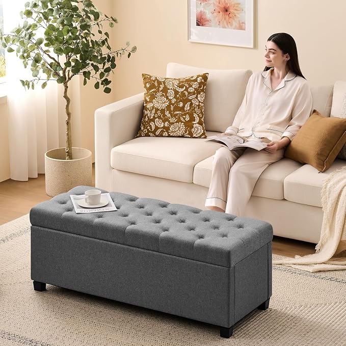 Living&Giving Storage Ottoman Bench for Bedroom, 47.2", Grey | 47.2-inch storage ottoman with safety hinge, tufted upholstered seat and spacious hidden storage for everyday organization.