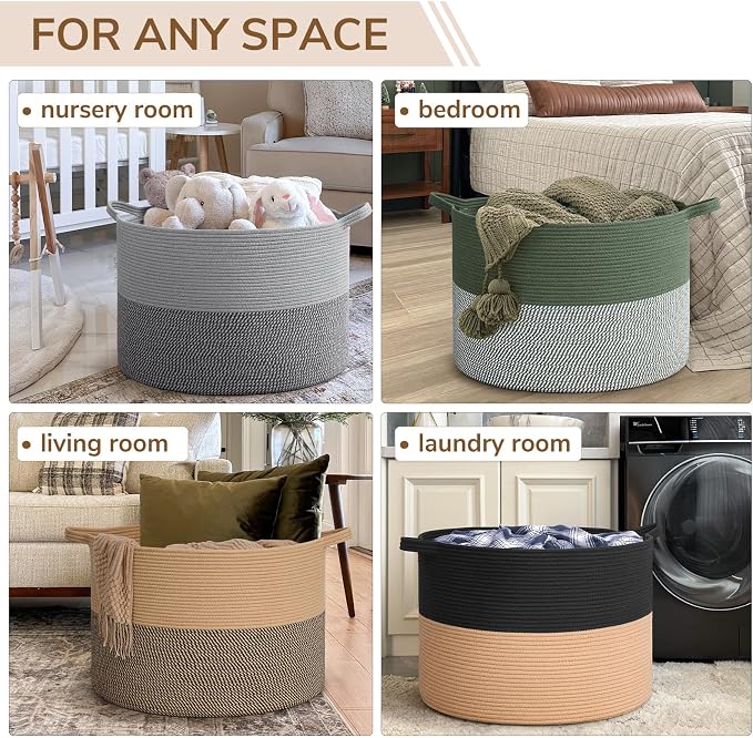 INDRESSME 115L Extra Large Woven Rope Blanket Basket Living Room BlackCamel | 23.6" x 15.7" Storage baskets for toys laundry & pillows. Fits living room, bedroom or nursery décor. Soft-touch with handles