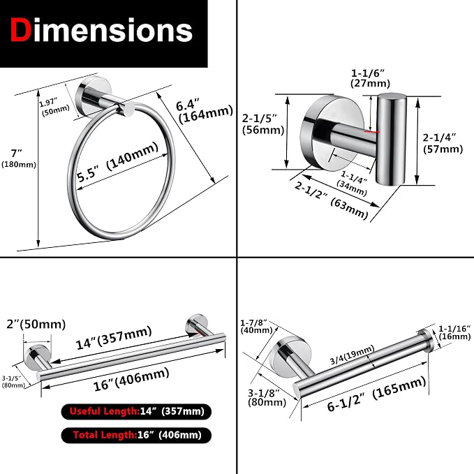 5 Pieces Polished Chrome Bathroom Hardware Accessories Set,Hand Towel Ring,16 inch Towel Bar,Toilet Paper Holder,2pcsTowel Hooks,Round SUS304 Stainless Steel Heavy Duty Wall Mount Holder,Towel Rack