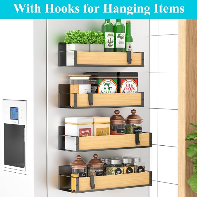 HuggieGems 4 Pack Magnetic Spice Storage Rack Organizer for Refrigerator and Oven, Wood Fridge Organizers and Storage