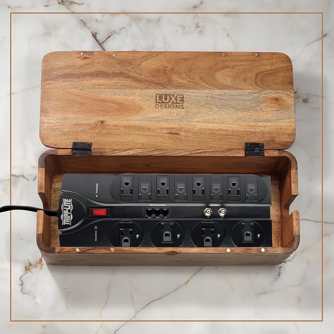 Acacia Cable Management Box - Rustic Design (Natural, Large) | Acacia Wood, Cable Organizer, Rustic Style, Modern Design, Desktop Storage