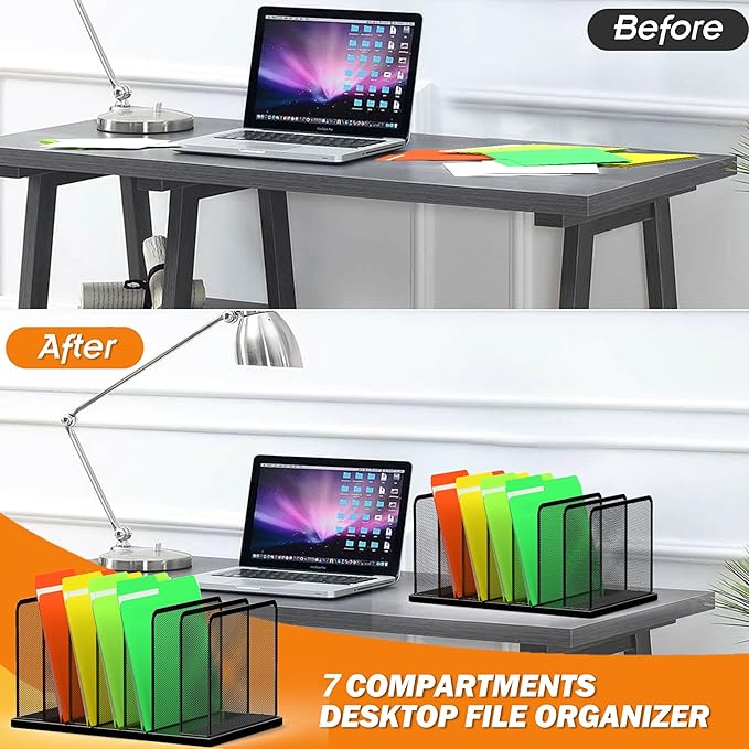 Kuntine.B 7-Section Upright Desk File Organizer Black 1 Pack | Vertical, Mesh, Metal, Assembly, Stability, Sturdiness, Organization, Standing
