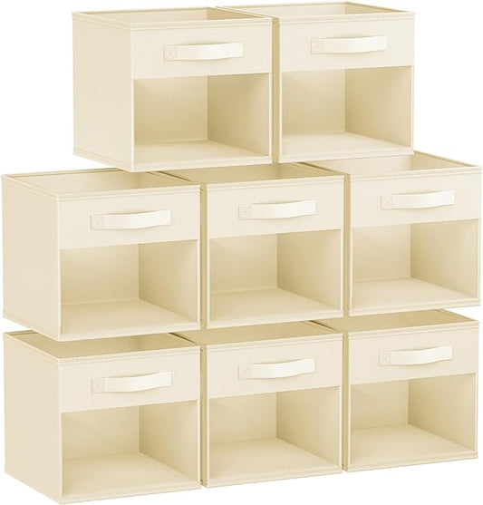 DIMJ Storage Cubes, Cube Storage Bin, 8 Pack Foldable Storage Cubes with Window, Closet Storage Bins with Handle, 11x 11 inch Closet Organizer Bins for Clothes, Toys, Books (Beige )