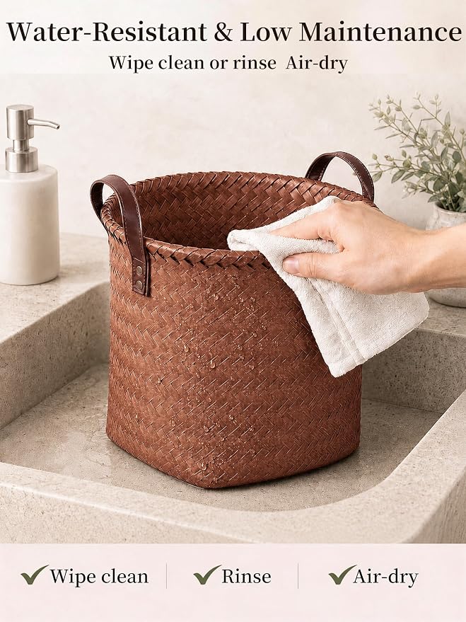 Wicker Storage Baskets, 4 Pack Woven Baskets for Shelves, Brown | PP Rattan, Water-resistant Wicker Basket, Large Baskets with Faux Leather Handles for Blanket, Laundry Organizer, Room Decor