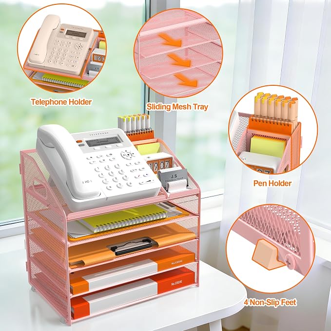 DocNest 5 Tier Metal Mesh Desk File Organizer with Phone Shelf, Pink | Desktop letter tray sorter features a 9.1x9.1 inch top phone holder, built-in sticky note compartment and pen holder