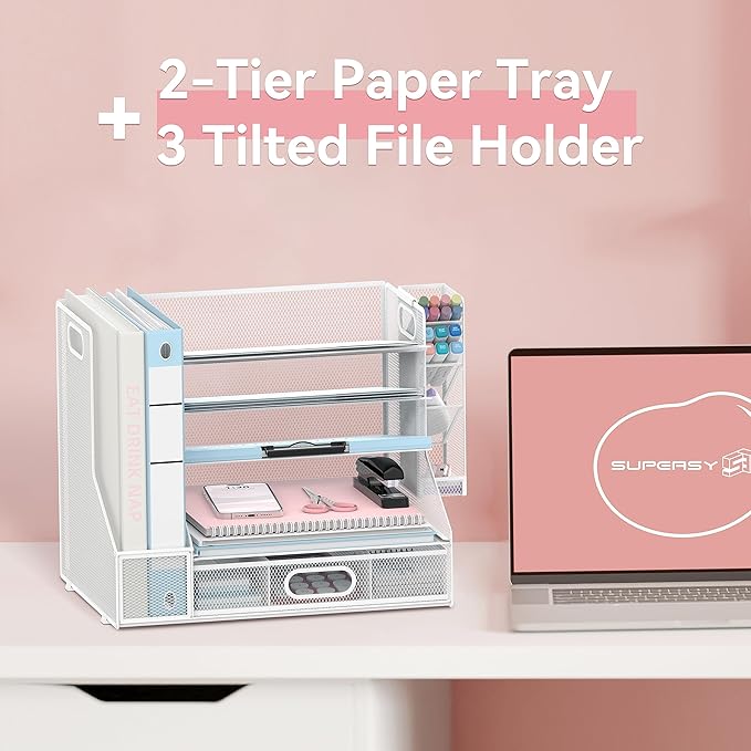 Desk Organizer with 5 Tier File Holder and Sliding Drawer Pen Holder White | Paper Letter Tray with 3 Tilted File Sorters to Keep Desk Accessories and Office Supplies within Reach