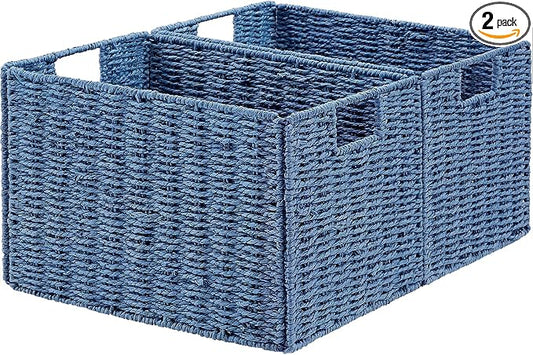 Vagusicc Wicker Storage Basket, Set of 2 Hand-Woven Paper Rope Wicker Basket, Large Storage Baskets for Organizing Toilet Paper, Foldable Cube Storage Organizer Bins for Shelves (Blue)