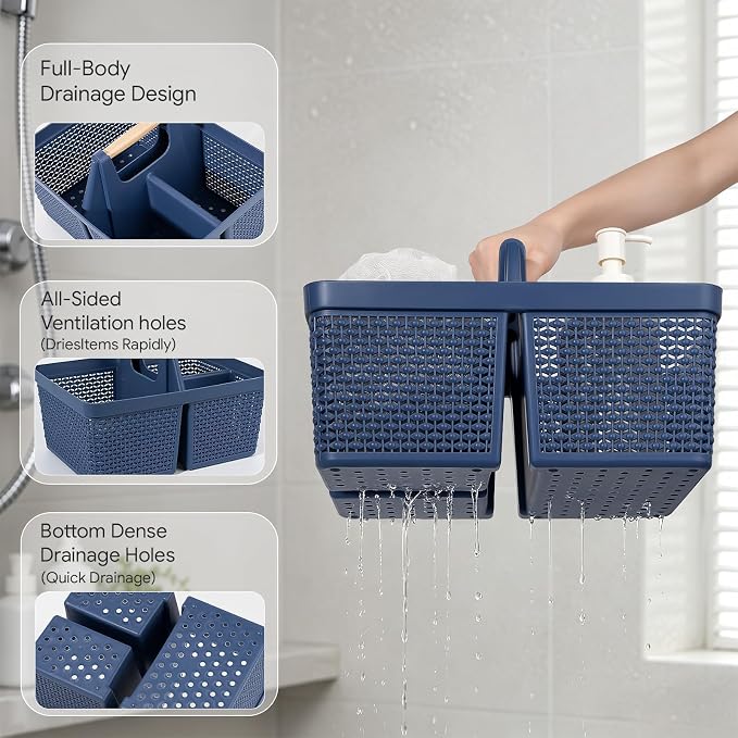 UUJOLY Portable Plastic Shower Caddy Basket with Wooden Handle, Dark Blue | Divided Storage Organizer Tote for Bathroom, Dorm, College, Kitchen & RV – Lightweight, Easy-Carry Essentials Caddy