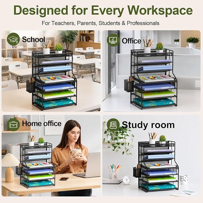 7 Tier Desk File Organizer, Black Metal Letter Tray Paper Organizer with Pull-Out Drawer, Removable Pen Holder & Hanging Basket, Vertical Desktop File Holder for Home Office, Classroom