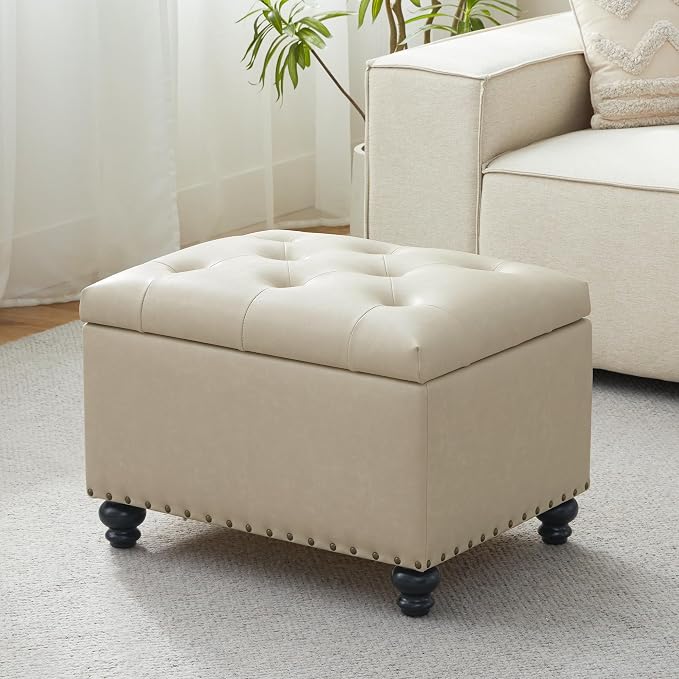 Zihanhome Leather Ottoman with Storage, Upholstered Button Tufted Ottoman Foot Rest, Foot Stools, 24" Rectangle Ottomans with Storage for Living Room, Bedroom, Dorms and Apartments (Beige-PU)