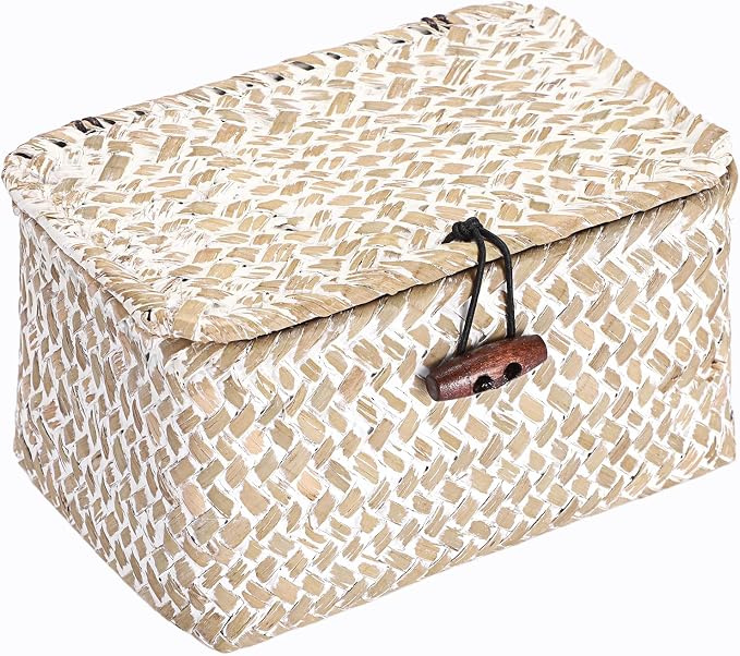 Hipiwe Wicker Shelf Basket Box Mini Seagrass Baskets with Lid,6.1"x4"x3.3" | Tabletop Basket Organizer for Shelf Bathroom Home Decor, Key Basket Holder Box for Entryway, Whitewash