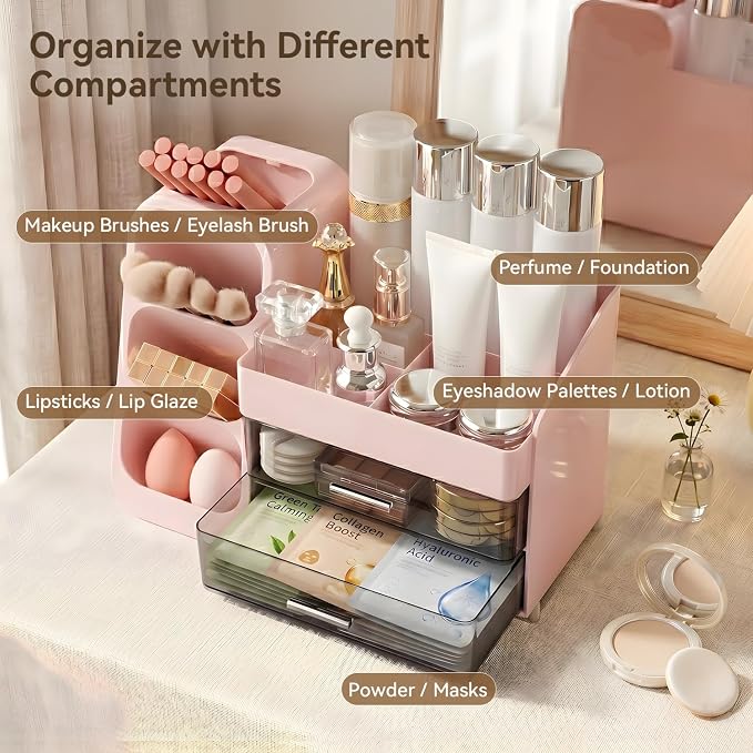 Makeup Organizer for Vanity with Brush Holder and 2 Drawers, Pink | Large-Capacity Makeup Holder Organizes Skincare, Cosmetics and Daily Beauty Products for Tidy Vanity and Bathroom Counters