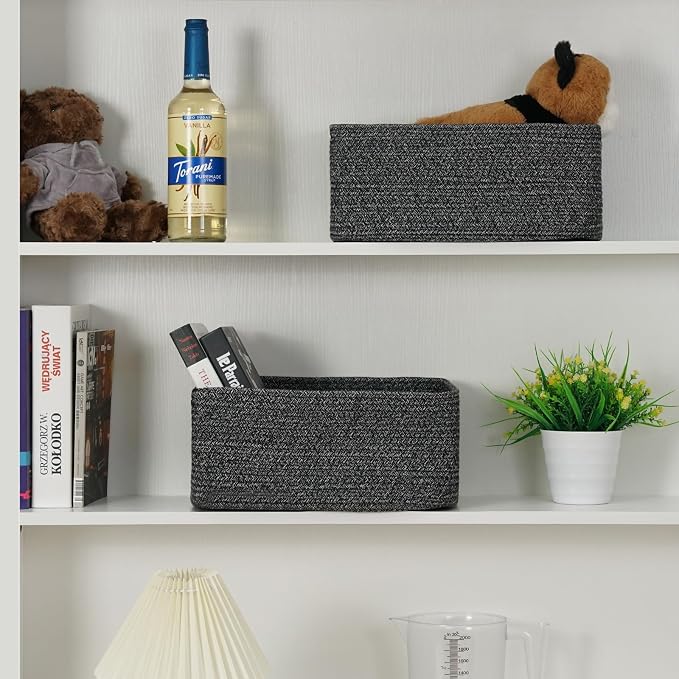 3-Pack Storage Baskets for Organizing | Woven Shelf Toy Basket | Rope Baskets for Gifts Empty | Closet Organizer Bins with Handles | Cube Decorative Box | 13.7×7.1×6.7” | Mixed Black