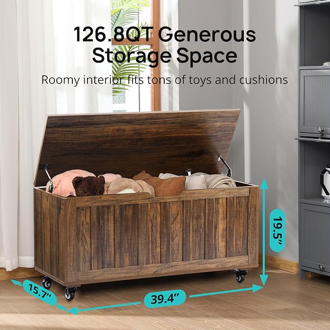 HYZ Storage Chest, 39.4'' Wooden Storage Bench with 4 Wheels & 2 Safety Hinges, Retro Toy Box Support 300 lbs for Bedroom, Living Room, Easy Assembly, Vintage Brown