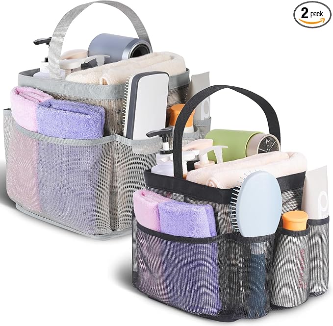 EUDELE 2 Pack Mesh Shower Caddy Portable for College Dorm Room Essentials, Shower Caddy Dorm with 8-Pocket Large Capacity,Shower Bag for Beach,Swimming,Gym All Black+All Grey