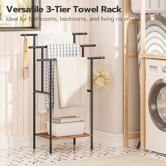 HOOBRO 39.4" Tall Freestanding Towel Rack for Bathroom, 3 Tier Stepped Blanket Rack with Shelf, Oversized Bath Towels Drying and Display Rack, Black and Rustic Brown BF50LB01