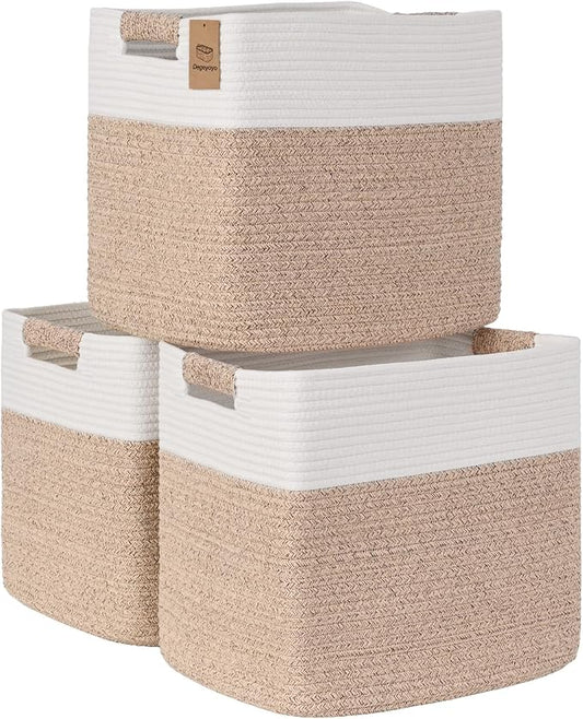 15×13 Inch Storage Cubes, 3 Pack Cube Storage Bins for Organizing, Cotton Rope Woven Baskets for Shelves, Bathroom, Kids Room, Closets, Baby Nursery