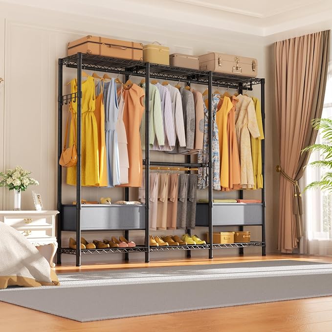 Golpart Heavy Duty Clothes Rack Metal Wardrobe with Adjustable Wire Shelves | Closet Organizers and Storage Clothing Rack Metal System Freestanding Hanging Clothes System Free Standing Garment Coat Racks