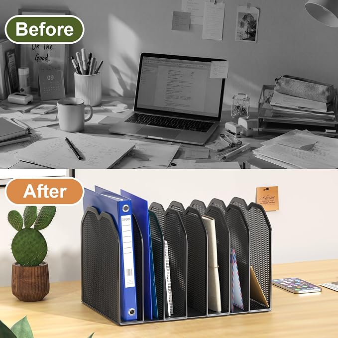 FANXIYQ Black 7-Section File Folder Organizer for Desk, Metal Vertical File Holder Stand, Desktop File Organizer Rack for Letter/A4 Folders, Papers, Books, Office Classroom Home