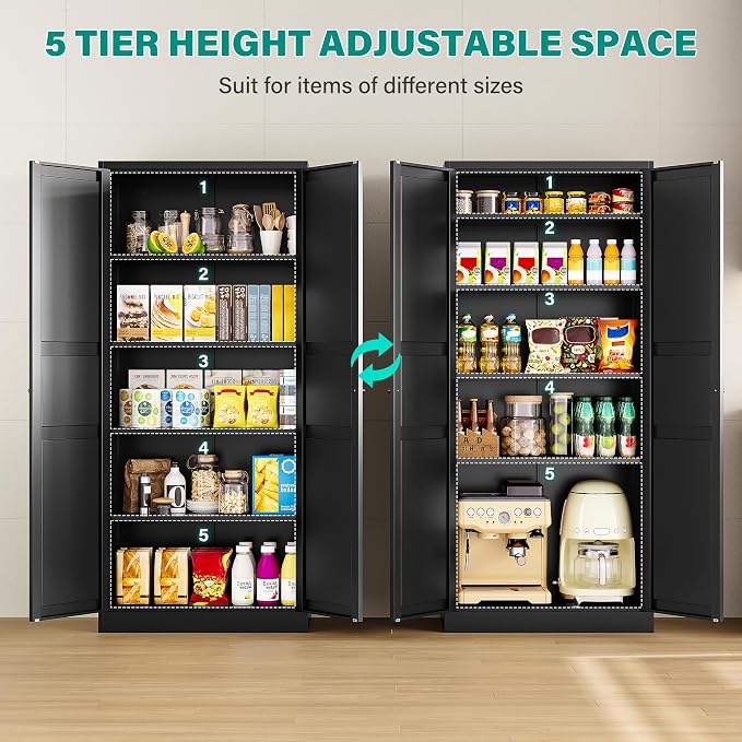 SISESOL Black Storage Cabinet,71" Tall Pantry Cabinet,Kitchen Pantry Storage Cabinets with 2 Doors and 5 Shelves,Wide Deep Metal Food Cupboard for Home,Kitchen,Dining/Living Room
