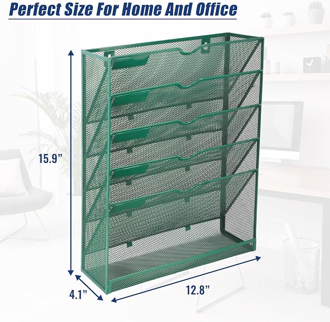 EASEPRES 6 Tier Desk File Organizer, Mesh Hanging Wall Mount Document Organization Stand, Desktop Vertical Mail Paper Folder Holder Rack with Bottom Tray for Office Cubicle, Sides Closed, Dark Green