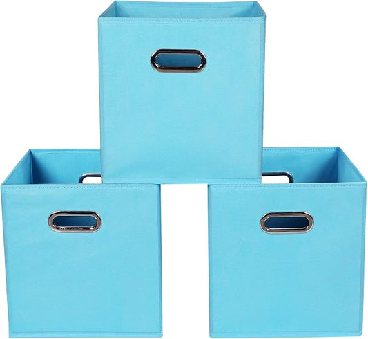Yunkeeeper storage bins Cubes, Fabric Cube Organizer with Handle, Foldable Cube Bins for Cloth or Accessary Storage, 11x11x11, Set of 3, (Blue)