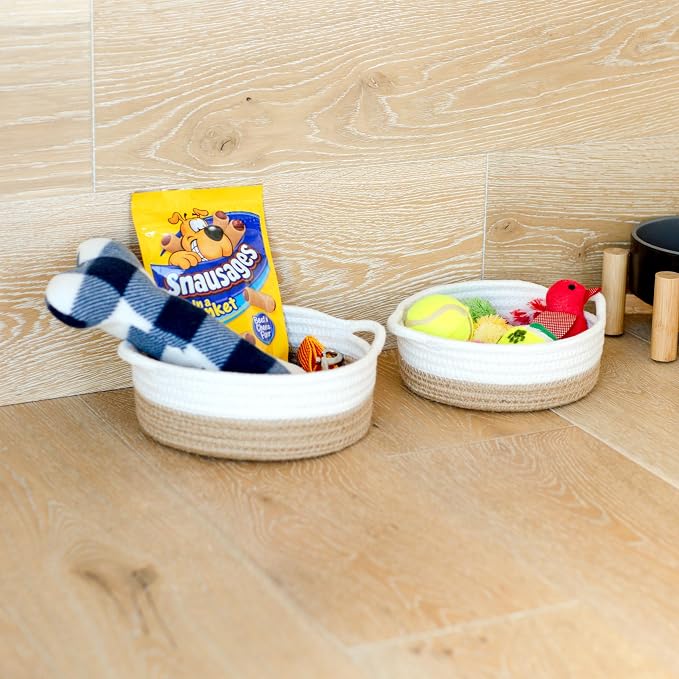 5-Piece Round Woven Cotton Rope Storage Baskets for Organizing, Small Shallow Nesting Set for Montessori Toys, Entryway Catchall, Fruit Bowl, Key Tray, Remote Holder, Nursery & Pet Toys