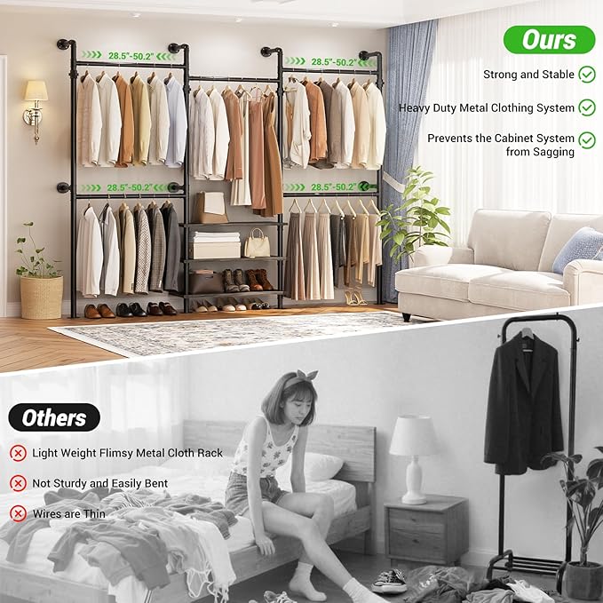 Aheaplus Expandable Industrial Pipe Clothing Rack, 7.3-10.9Ft Wall Mounted Closet System, Reversible L Shaped Clothes Rack for Hanging Clothes,Heavy Duty Corner Wardrobe Closet Garment Rack, Black Oak
