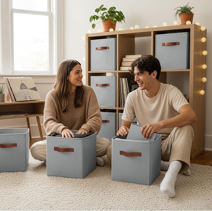 GRANNY SAYS 11 Inch Cube Storage Bins, 6 Pack Foldable Cube Storage Organizer, Fabric Storage Bins with PU Handle, Clothing Storage Baskets for Shelves, Closet, Grey, 6-Pack