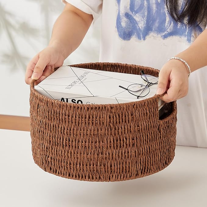 Wicker Storage Basket, Hand-Woven Paper Rope Large Round Woven Basket With Handles, Wicker Baskets for Organizing/Storage, Brown, 3-Pack