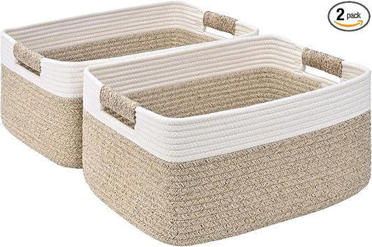 2 Pack Large Storage Basket for Organizing, 17.5"x13"x7" Woven Basket for Shelves, Closet Cube Storage Bins with Wrapped Handle, Cotton Rope Baskets for Kitchen, Clothes, Toys(Off White & Brown)