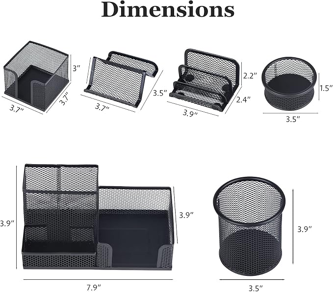 Desk Organizers set with Mesh Pen Holder Cup, 3 Compartments Black Office Supply Organizer Paper Clips Holder for Office Desk Accessories (6 Piece set, Black)