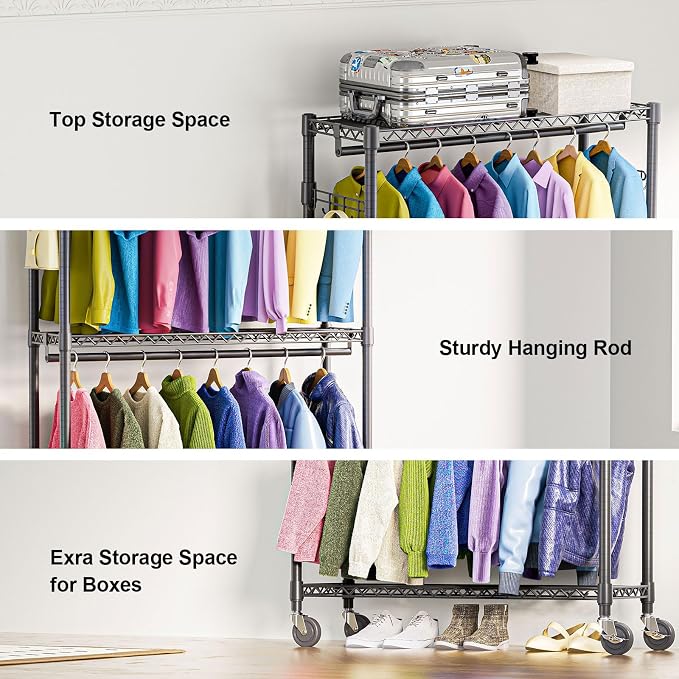M MZG Heavy Duty Rolling Garment Rack 3 Tiers Adjustable Wire Shelving Clothes Rack with 2 Rods and Side Hooks,Storage Closet Clothing Rack with Wheels Black 15.7" D x 45.3" W x 79.6" H