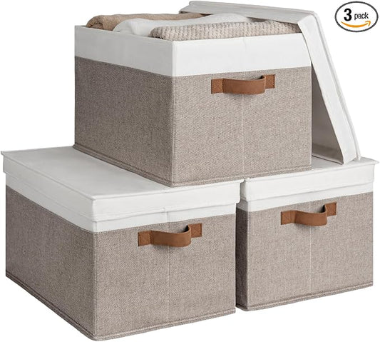 StorageWorks Fabric Storage Bins with Lids, Decorative Storage Bins with PU Handles, Foldable Storage Baskets for Closet, Shelves, Stackable and Sturdy Organization, Brown and White, Jumbo, 3-Pack