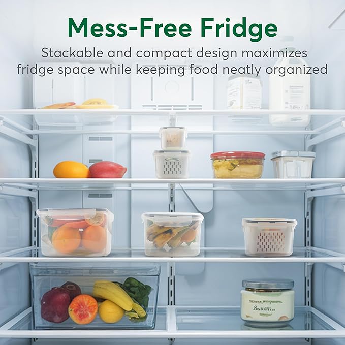 5 Set Fruit Storage Containers for Fridge with Colander, Produce & Veggie | Dishwasher safe, leakproof BPA-free plastic, stackable vegetable& fruit saver for refrigerator, keep berry salad meat fresh