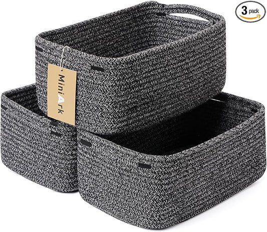 MiniArk Small Storage Baskets for Organizing | Closet Organizer Bins | Shelf Toy Basket | Woven Rope Baskets | Cube Decorative Box | Shallow Basket | 13x8.5x5.1” | 3 Packs Dark Gray