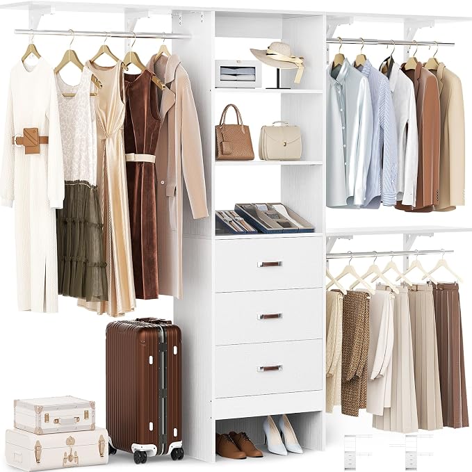 Besiost Closet System with Drawer - 8FT Wood Closet Organizer System with 3 Hanging Rods and Shelving Tower, 96" Walk In Closet Organizer Wardrobe, Heavy Duty Garment Rack Clothes Rack, White