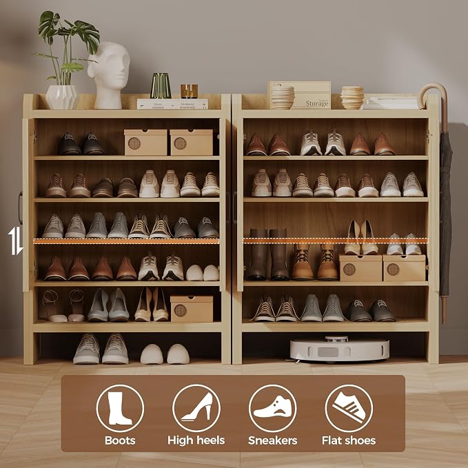 6-Tier Shoe Cabinet Storage for Entryway, Rattan Shoes Organizer Cabinets with Doors, Wooden Shoe Rack, Farmhouse Boho Wood Storage Cabinet (Oak, 6-Tier)