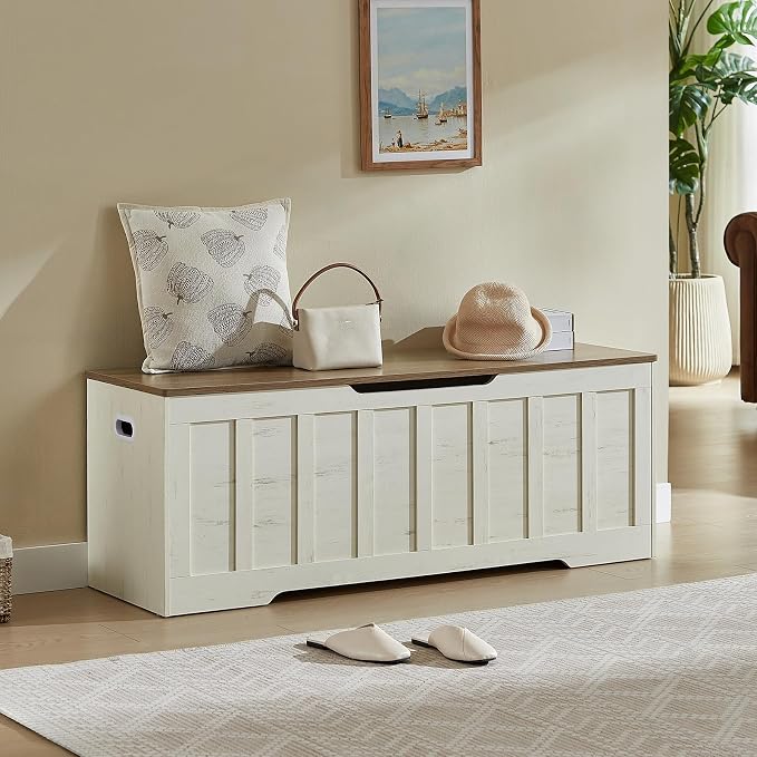 VANKILEY 51.2" Storage Chest Extra Large,Wooden Storage Bench,White+Brown | Chest with 2 Safety Hinges, 51.2*15.7*19.1inches, Wooden Trunk for Bedroom, Livingroom,Entryway,Easy Assembly.