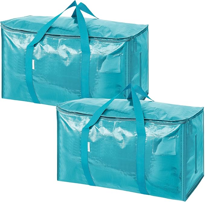 TICONN 2 Pack Extra Large Moving Bags Heavy Duty with Zippers & Carrying Handles, Durable Storage Bags Moving Boxes for Closet Organizers and Storage (2 Pack, Aqua)