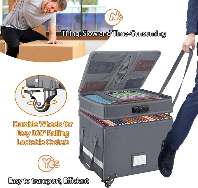 DocSafe Fireproof Document Box with Lock,2-Layer File Box with Wheels,Collapsible File Storage Organizer with Pockets,Large Portable Office Filing Cabinet for Hanging Folders,Gray,16''x13.8''x12.2''