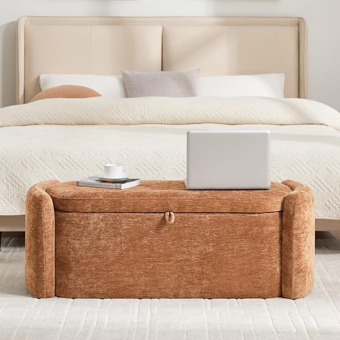 Oval Storage Ottoman Bench, 45" Upholstered Chenille End of Bed Storage Bench, Foot Rest Ottoman with Storage, Bedroom Living Room and Hallway,Orange