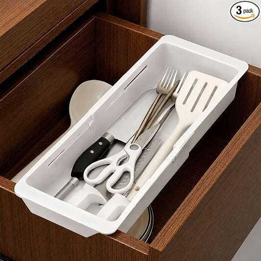 3-Pack Expandable Drawer Organizer for Deep Drawers, Adjustable 17–27 in Storage Tray, Durable PP Smooth Glide Divider for Kitchen, Vanity & Office, Space-Saving Design