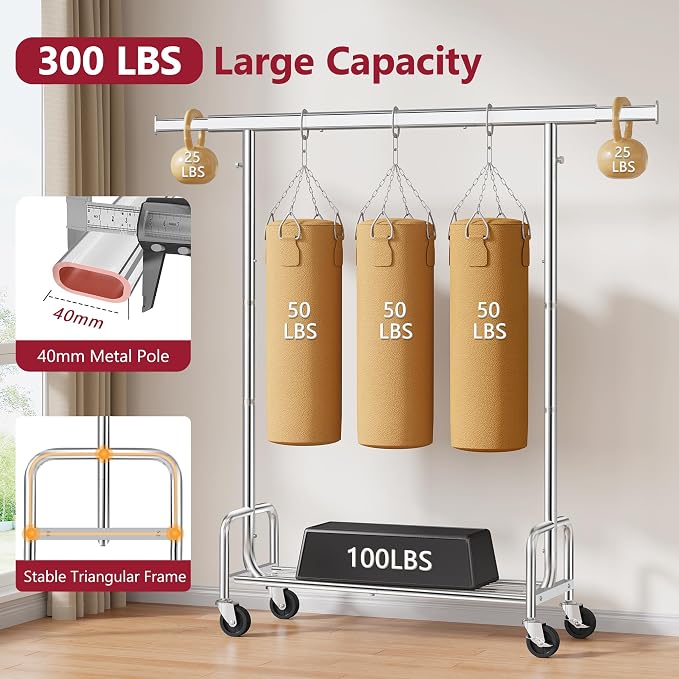Clothes Rack with Shelf, Rolling Heavy Duty Load 300 LBS, Chrome | Clothing Rack with Extendable Rod and Height Adjustable, Portable Garment Rack for Bedroom, Rental Apartments, Market Stalls