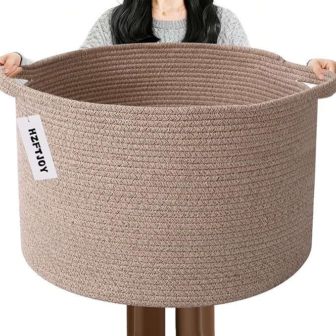65L Large Blanket Basket,Woven Rope Laundry Basket-Brown | Collapsible, reinforced handles, nursery storage bin organizes clothes, toys and pillows for living room, bedroom bathroom.