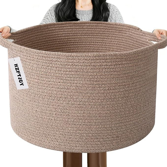 115L Large Blanket Basket,Woven Rope Laundry Basket-Brown | Collapsible, reinforced handles, nursery storage bin organizes clothes, toys and pillows for living room, bedroom bathroom.