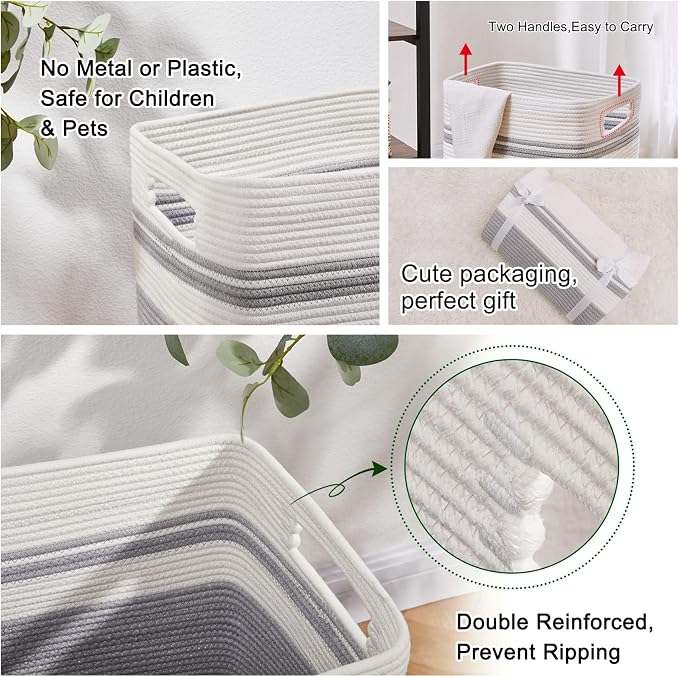 OIAHOMY Laundry Hamper, Tall Cotton Decorative Blanket Storage Basket with Handles for Living room,Collapsible Large Baskets for Toys,Pillows,Clothes Organizer-16x13x22in-Gray