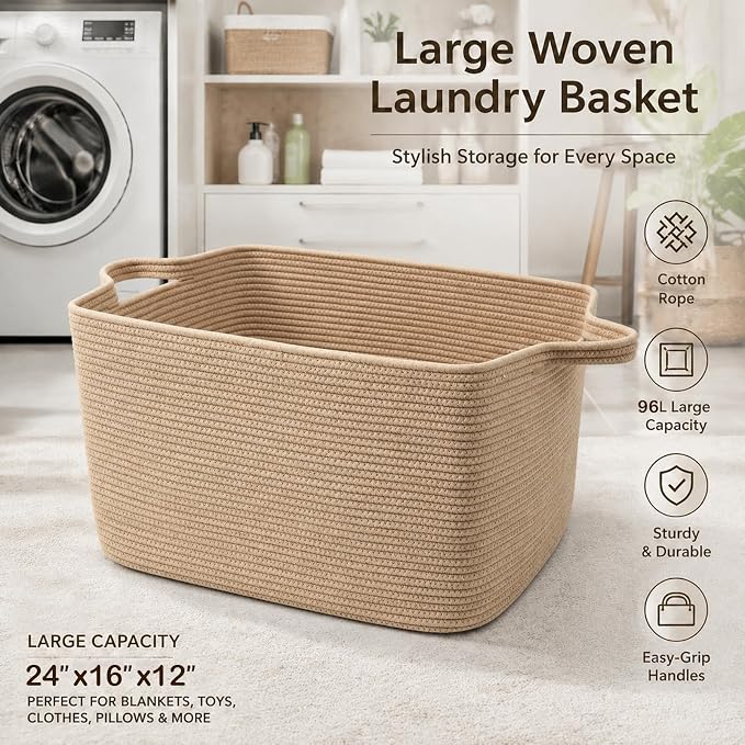 96L Extra Large Cotton Rope Laundry Basket with Sturdy Handles | 24x16x15 Foldable Rectangular Blanket Basket for Toys, Clothes & Pillows,Ideal for Nursery, Bathroom, Bedroom, Living Room